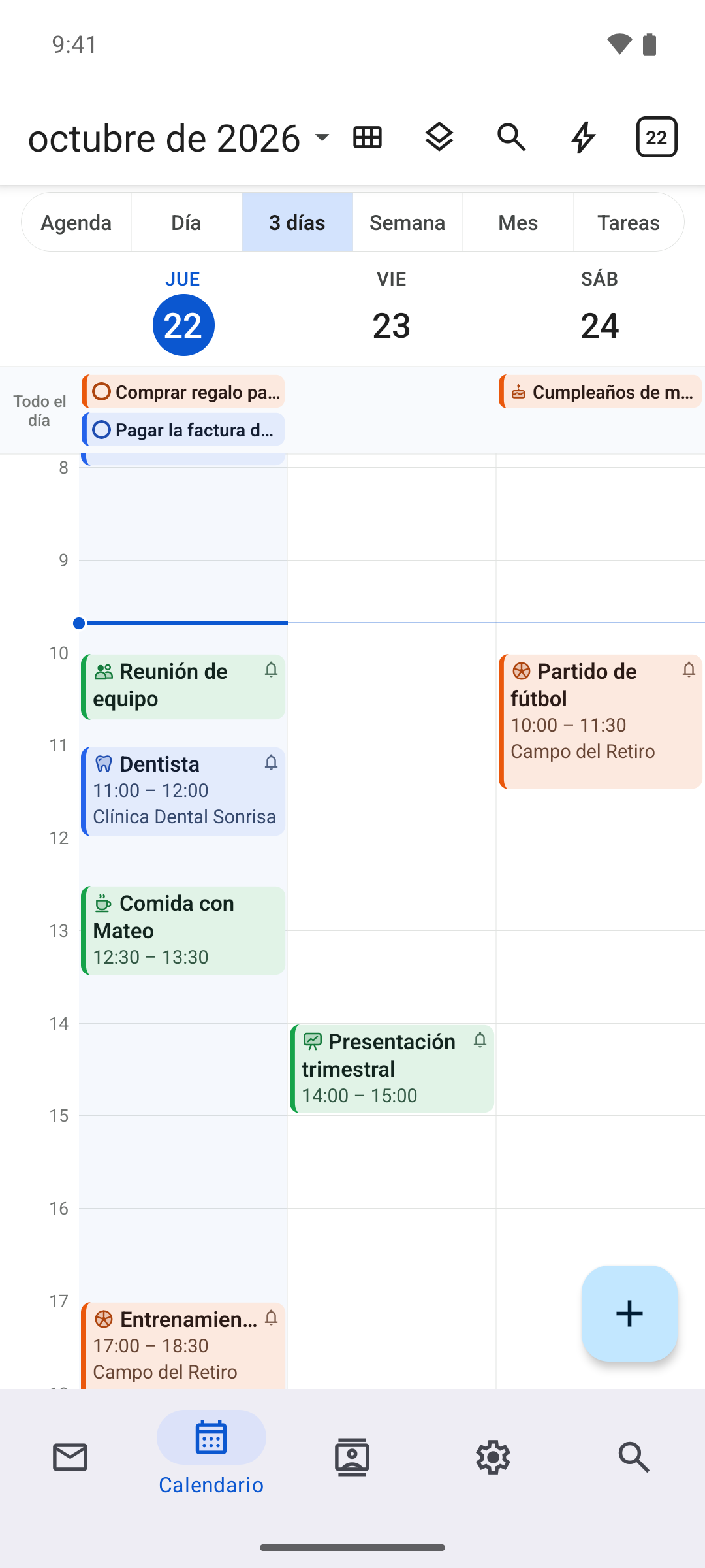 Calendario de la app de NotiSpark para Android con eventos e iconos