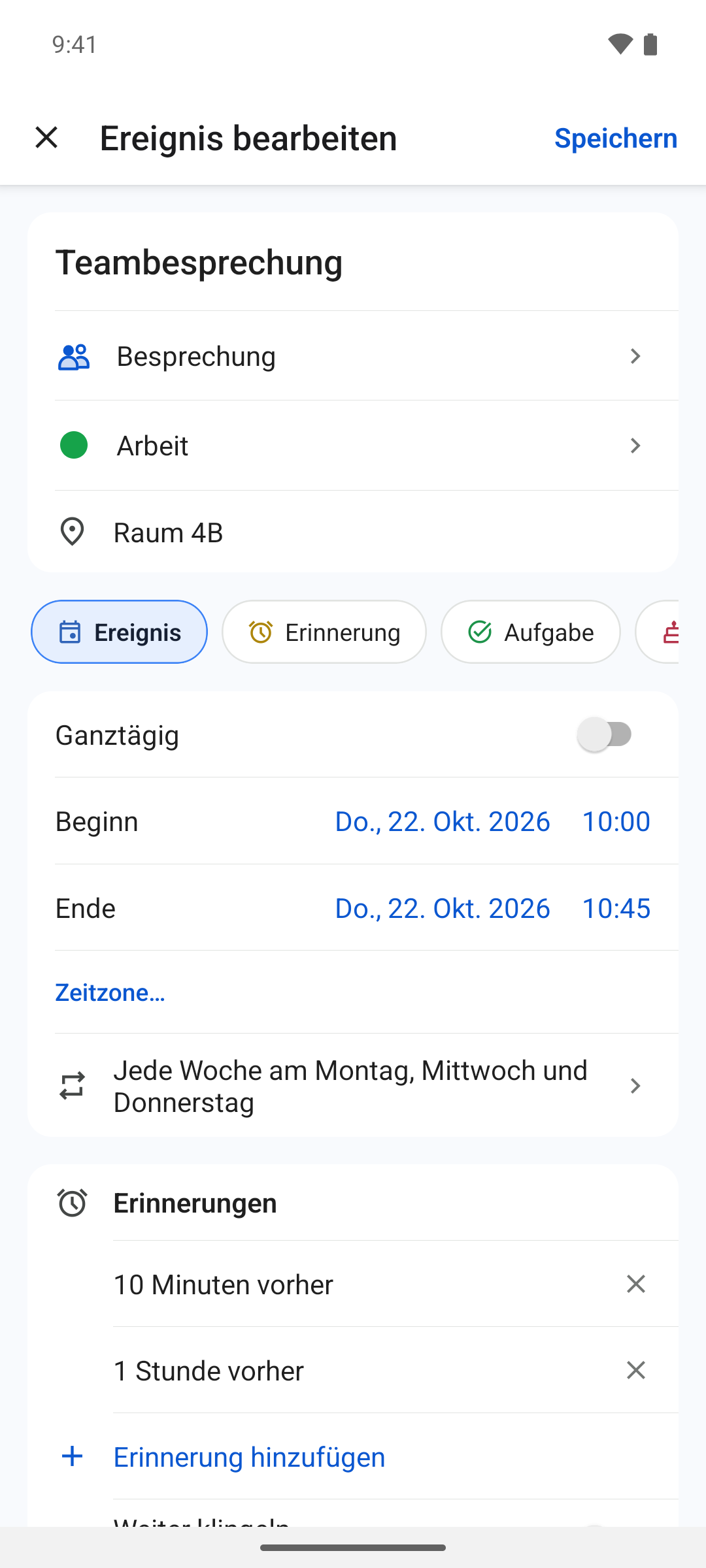 Einen Termin mit Wiederholung und Erinnerungen in der NotiSpark-App für Android hinzufügen