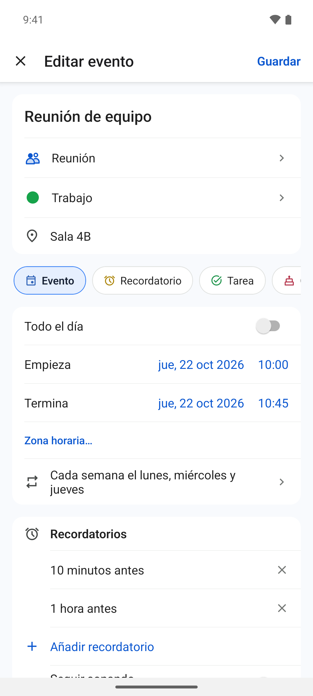 Añadir un evento con repetición y recordatorios en la app de NotiSpark para Android