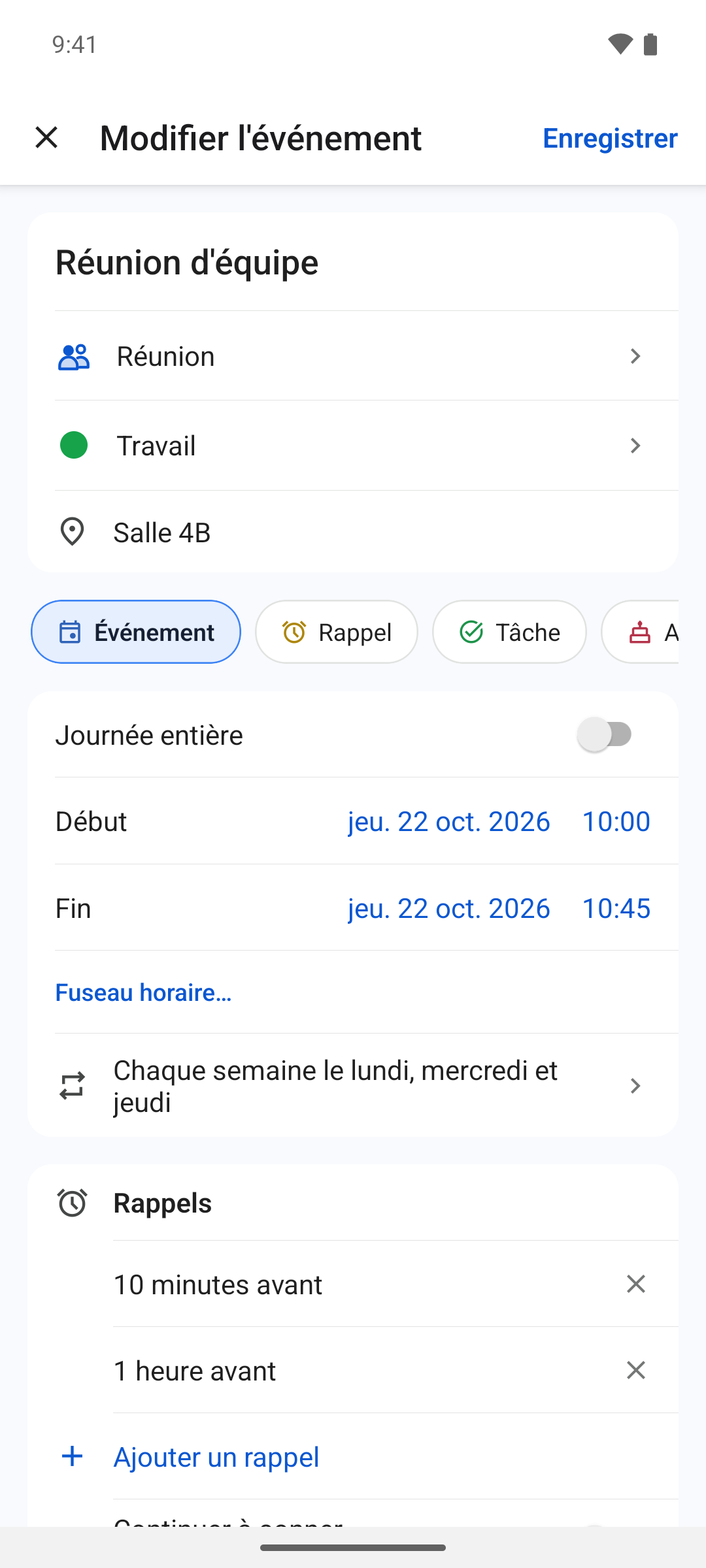 Ajout d’un événement avec répétition et rappels dans l’app NotiSpark pour Android