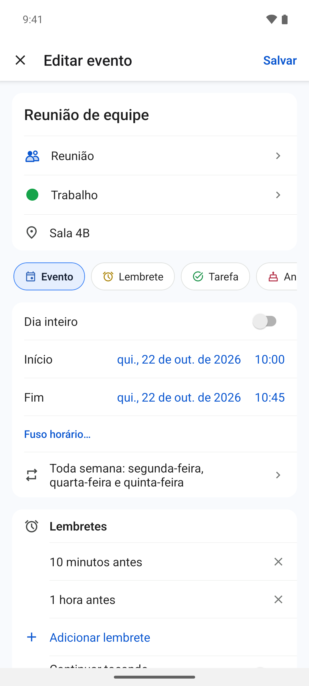 Adicionando um evento com repetição e lembretes no app NotiSpark para Android