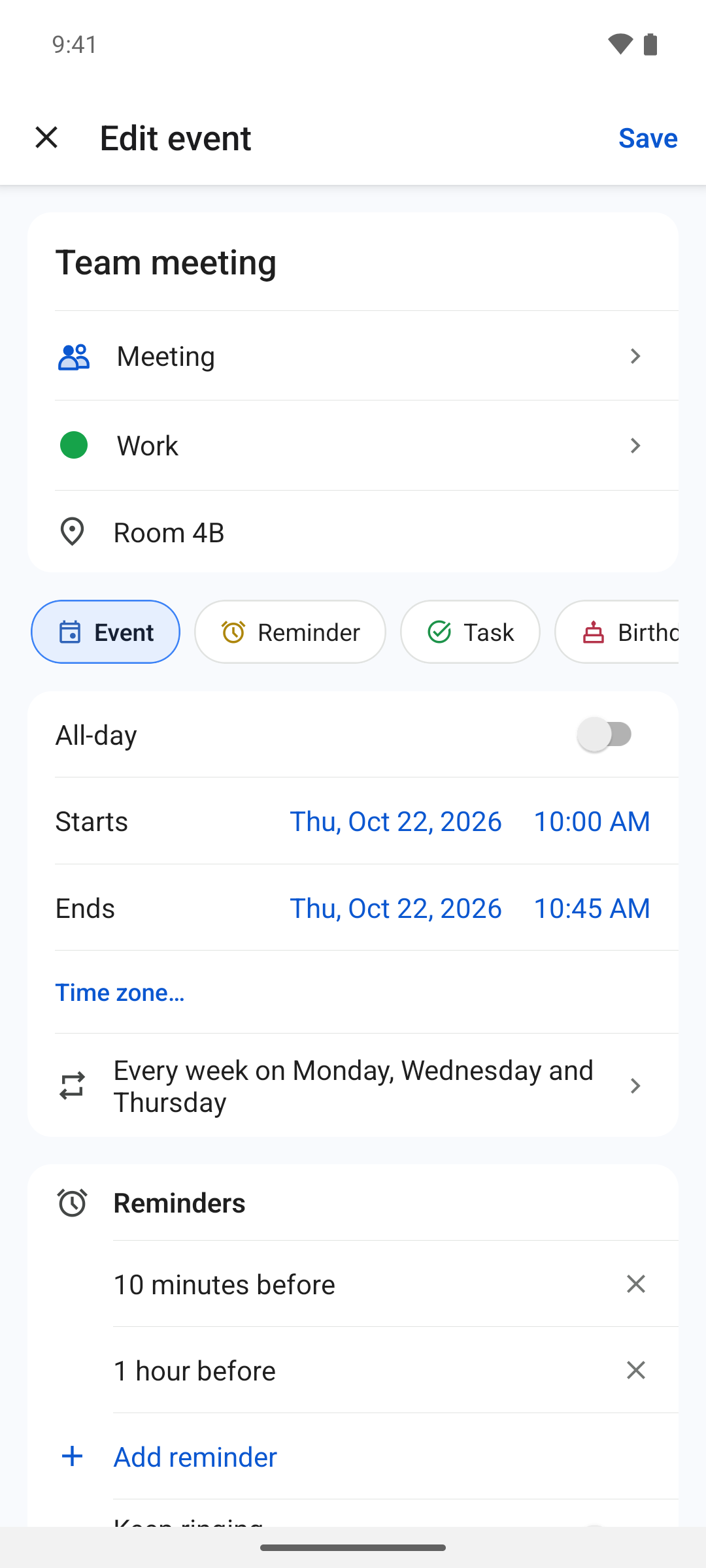 Adding an event with a repeat and reminders in the NotiSpark Android app