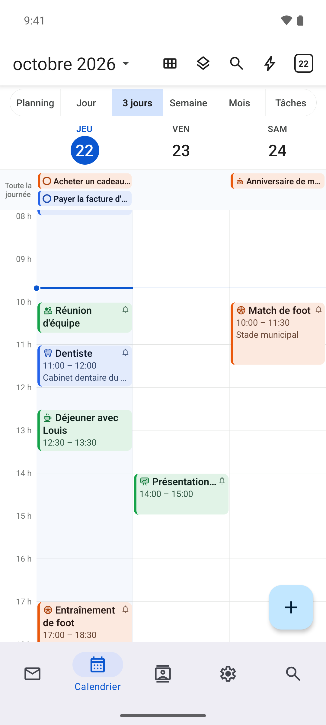 Agenda de l’app NotiSpark pour Android avec des événements et des icônes