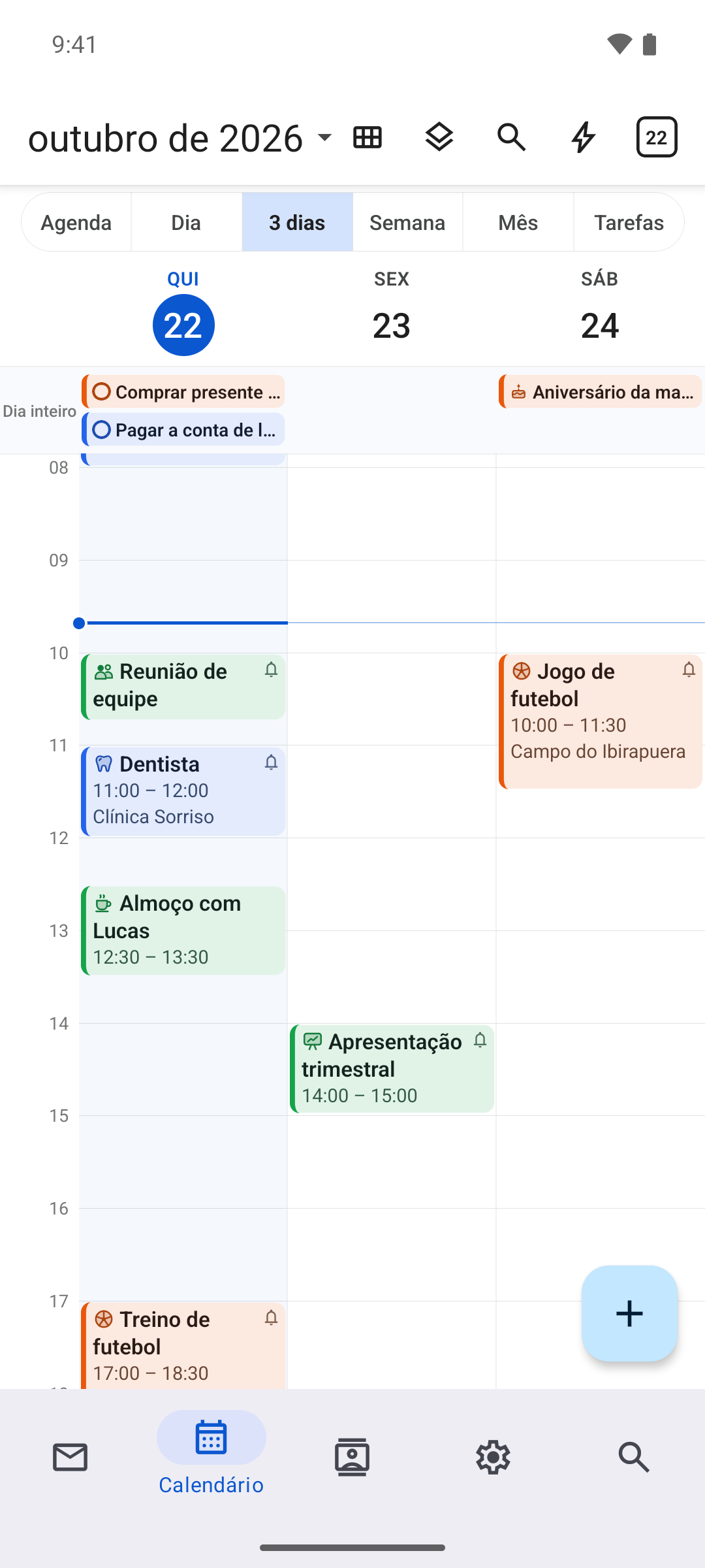 Agenda do app NotiSpark para Android com eventos e ícones