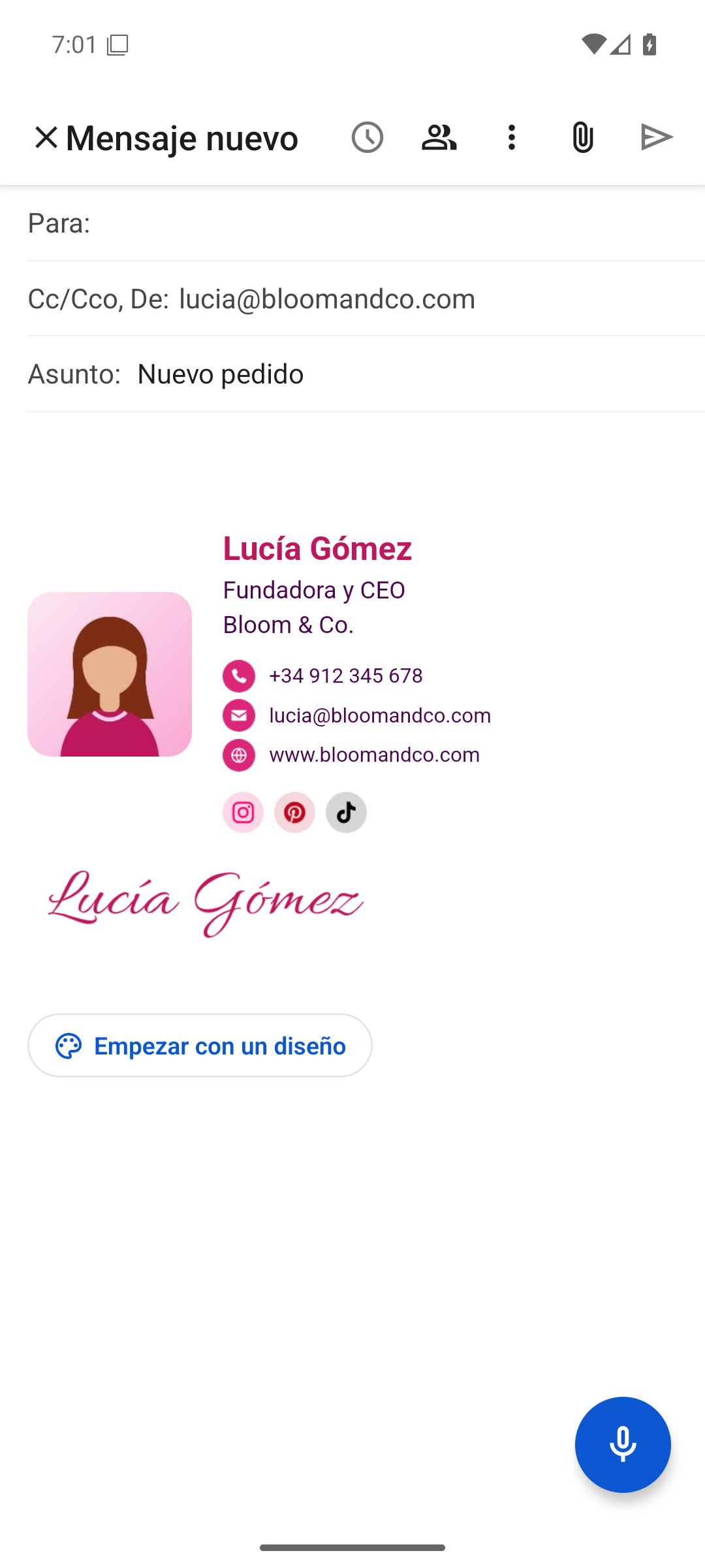 Un correo nuevo en el móvil con la firma añadida
