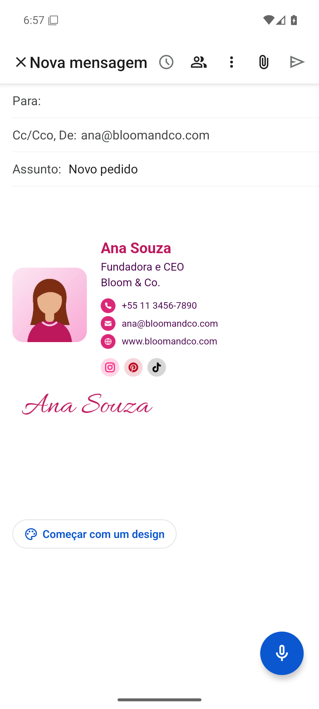 Um novo e-mail no celular com a assinatura adicionada